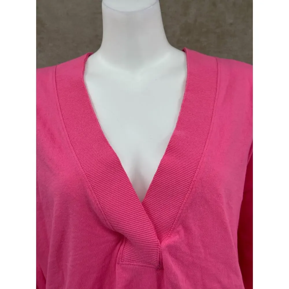 Free People Top Women Medium Pink Tunic V-Neck Oversized Long Sleeve 100% Cotton